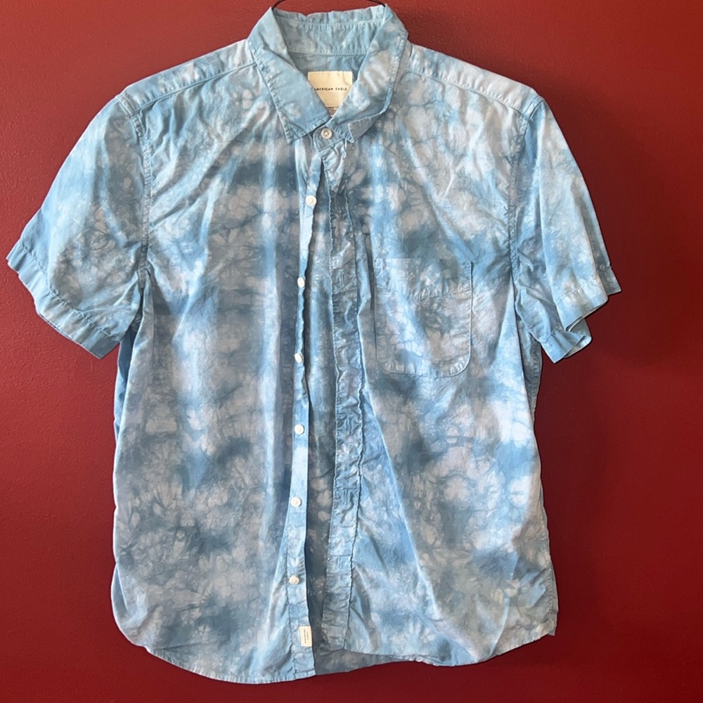 Blue Tie Dye Short Sleeve Button Down Shirt